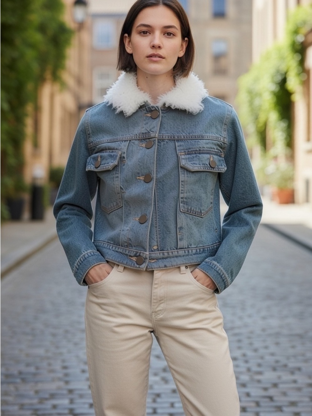 Asos Sherpa Fleece Lined, Faux Fur Collar, Crop Jean Jacket Size US 6